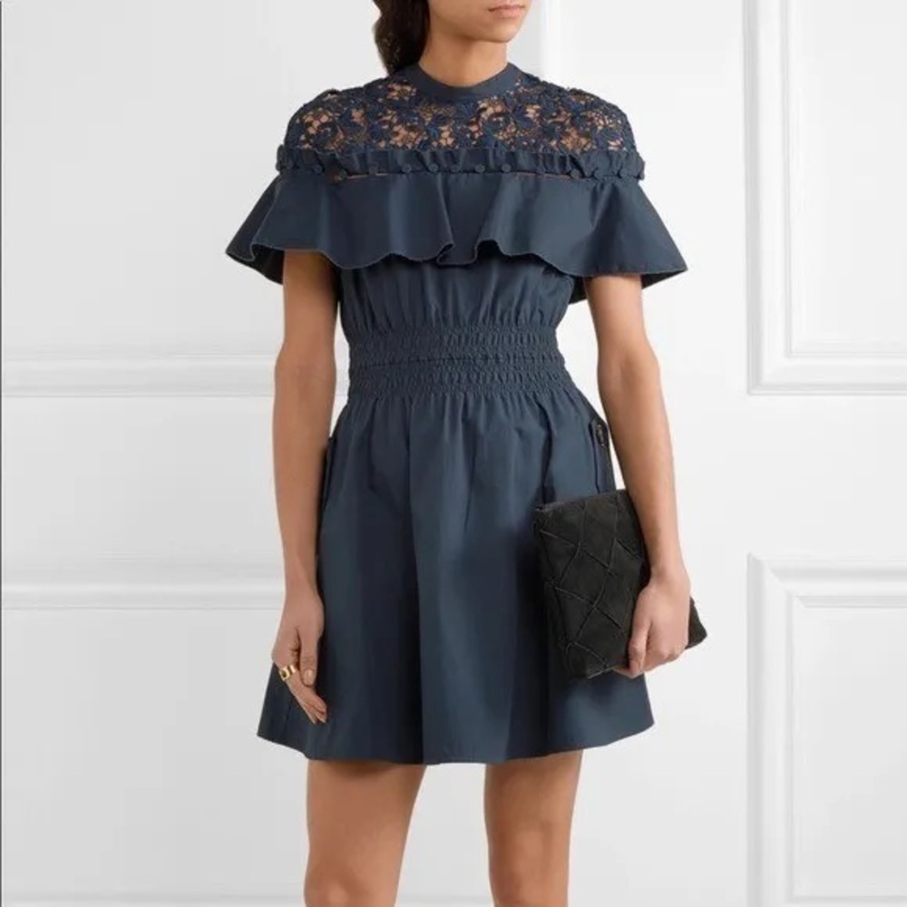 Self portrait navy lace insert fit flare dress